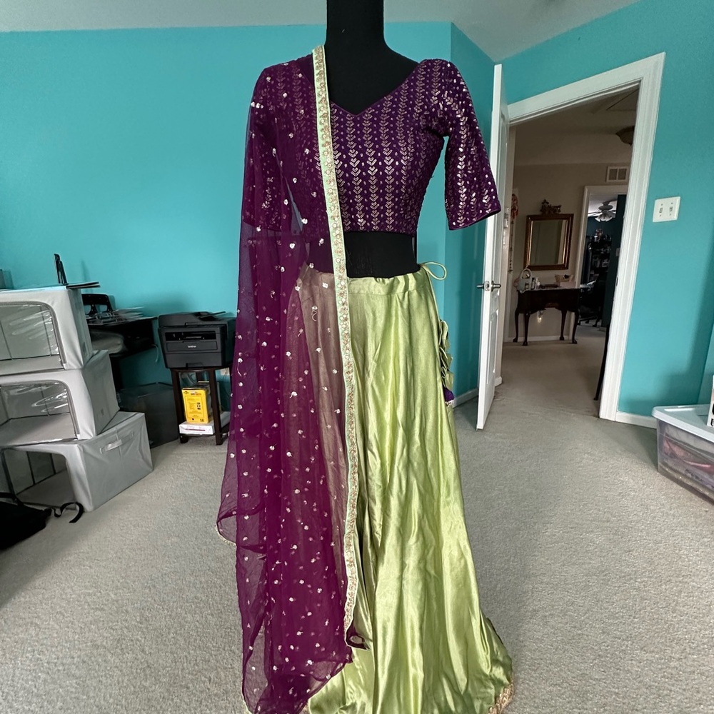 Elegant Pista Green and Eggplant Purple Lehenga Choli
